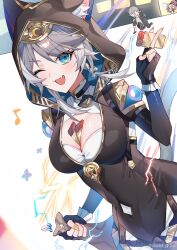  1boy ;o animal_ear_fluff animal_ears animal_hood astral_express_(honkai:_star_rail) between_breasts black_gloves black_leotard black_pants blue_eyes breasts caelus_(honkai:_star_rail) cat_ears cat_girl cat_hood cat_tail cipher_(honkai:_star_rail) commentary_request female fingerless_gloves gloves grey_hair highres holding holding_sack holding_ticket honkai:_star_rail honkai_(series) hood hooded_leotard kneeling large_breasts leotard mole mole_on_breast musical_note oerba_yun_fang one_eye_closed pants pom-pom_(honkai:_star_rail) sack short_hair_with_long_locks skin_fang star_rail_special_pass_(honkai:_star_rail) tail ticket trailblazer_(honkai:_star_rail) urasozopi 