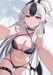  absurdres alternate_costume armpit_crease ass_visible_through_thighs bare_arms bare_shoulders bikini black_bikini black_choker black_hair blue_archive breasts choker cleavage collarbone commentary cowboy_shot criss-cross_halter demon_horns ear_piercing female halo halterneck highres horns kayoko_(blue_archive) large_breasts long_hair looking_at_viewer low_wings mole mole_on_neck multi-strapped_bikini_bottom multicolored_hair navel parted_lips piercing red_eyes single_wing solo stomach string_bikini studded_choker swimsuit takehana_note thigh_strap two-tone_hair very_long_hair white_hair wings 