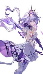  asymmetrical_gloves asymmetrical_legwear black_tiara bow bright_pupils bug butterfly castorice_(honkai:_star_rail) closed_mouth dress_bow female floating_hair flower garter_straps gloves grey_hair hairbow hand_up highres holding holding_scythe holding_weapon honkai:_star_rail honkai_(series) kass_(jtsp0) legwear_cutout long_hair looking_at_viewer pantyhose pointy_ears purple_butterfly purple_eyes purple_flower purple_gloves purple_hair scythe simple_background solo standing thighhighs tiara uneven_gloves uneven_legwear very_long_hair weapon white_background white_bow white_pantyhose white_pupils white_thighhighs 