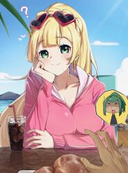  ? absurdres aged_up beach big_malasada blood breasts cleavage cloud commission dark_skin dating earrings eyewear_on_head faceless faceless_male hand_on_own_cheek hand_on_own_face hau_(pokemon) highres hood hoodie hoop_earrings ice jewelry lillie_(pokemon) nosebleed nouka palm_tree pink_hoodie pixiv_commission pokemon pokemon_sm sky soda spoken_character sunglasses table tree 
