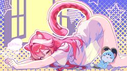  alternate_costume animal_ears ass blush bottomless breasts cat_stretch chattino_(raora_panthera) commentary female finn_flint hair_intakes highres hololive hololive_english large_breasts long_hair multicolored_hair panther_ears panther_girl panther_tail pink_hair raora_panthera see-through_clothes see-through_shirt see-through_silhouette shirt short_sleeves speech_bubble streaked_hair stretching tail thighs thought_bubble top-down_bottom-up two-tone_hair virtual_youtuber white_hair white_shirt window yellow_eyes 