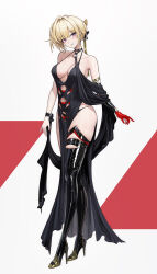  absurdres alternate_costume black_boots black_panties blonde_hair boots breasts clothing_cutout collarbone dress elbow_gloves evelyn_chevalier evening_gown female full_body gloves hair_up halterneck hashtag-only_commentary high_heel_boots high_heels highres large_breasts looking_at_viewer panties parted_lips purple_eyes red_gloves revealing_clothes ring_hair_ornament single_elbow_glove solo thigh_boots thighs underwear uneven_bangs white_background yangsongihand zenless_zone_zero 