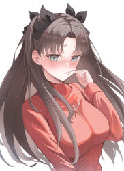  absurdres aisu_(88) black_hair blue_eyes blush breasts brown_hair closed_mouth cross cross_print fate/stay_night fate_(series) female finger_to_mouth hair_ribbon hand_up highres long_hair looking_at_viewer medium_breasts raised_eyebrows red_sweater ribbon simple_background solo sweater tohsaka_rin turtleneck turtleneck_sweater two_side_up upper_body very_long_hair white_background 