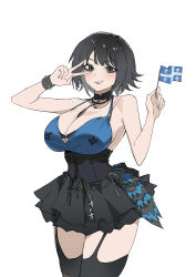  absurdres black_eyeliner black_hair black_lips black_skirt bra breasts choker cleavage corset eyeliner female garter_straps highres makeup miniskirt original quebecois_flag short_hair shouz simple_background skirt smile solo thighhighs underwear v white_background 