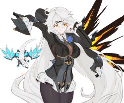  ahoge black_pantyhose black_shirt blue_flower blue_rose cloud_ya commentary cosplay cowboy_shot english_commentary female flower flower_on_chest hair_ornament hairclip highres honkai_(series) honkai_impact_3rd kiana_kaslana kiana_kaslana_(herrscher_of_the_void) long_hair long_sleeves pantyhose rose shirt solo very_long_hair white_hair yellow_eyes yixuan_(trails_of_ink)_(zenless_zone_zero) yixuan_(zenless_zone_zero) yixuan_(zenless_zone_zero)_(cosplay) zenless_zone_zero 