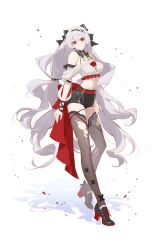  absurdres alternate_costume bare_shoulders black_bow black_collar black_shoes black_shorts black_thighhighs bow breasts chinese_commentary closed_mouth collar commentary_request crop_top earrings female full_body hairbow high-waist_shorts highres honkai_(series) honkai_impact_3rd jewelry large_breasts long_hair looking_at_viewer navel pmg red_eyes shirt shoes shorts simple_background smile solo stomach theresa_apocalypse theresa_apocalypse_(luna_kindred) theresa_apocalypse_(lunar_vow:_crimson_love) thighhighs thighs torn_clothes torn_thighhighs very_long_hair white_background white_hair white_shirt 
