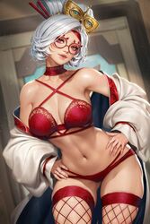  criss-cross_halter cross-halter female female_focus female_only glasses lingerie looking_at_viewer neoartcore nerd nerdy_female purah purah_(tears_of_the_kingdom) red_eyes smiling the_legend_of_zelda the_legend_of_zelda:_tears_of_the_kingdom voluptuous voluptuous_female white_hair 