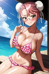  1girls ai_generated artist_request beach big_breasts bikini breasts cleavage double_bun female female_only glasses highschool_of_the_dead hotd large_breasts legs navel ocean pink_bikini pink_hair saya_takagi sitting smile solo stable_diffusion swimsuit thighs tsundere voluptuous water yellow_eyes 