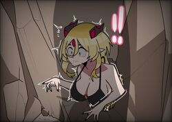  aranaya_zaneri_xaphina bikini_top black_bikini_top black_nails blonde blonde_female blonde_hair blonde_hair_female cave dragon dragon_girl dragon_horns green_bean pointy_ears stuck stuck_in_wall surprised surprised_expression virtual_youtuber vtuber 