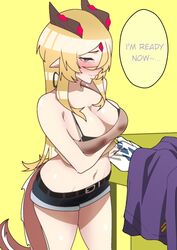  aranaya_zaneri_xaphina blonde blonde_female blonde_hair blonde_hair_female blush blushing dragon dragon_girl dragon_horns dragon_tail green_bean pointy_ears pointy_teeth ready_for_sex ready_to_fuck removing_jacket removing_shirt virtual_youtuber vtuber 