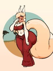  2024 alpha_channel anthro ass belly_dancer big_butt big_tail bodily_fluids bottomwear breasts brown_background canid canine cleavage clothed clothing crop_top digital_media_(artwork) female fluffy fluffy_tail fox fur furr_oritsu gradient_background hair hi_res huge_butt l0ad1ng long_ears long_hair long_tail mammal neck_tuft pants pink_eyes savanna shirt simple_background solo sweat sweaty_breasts sweaty_butt sweaty_legs sweaty_thighs tail thick_thighs tired topwear tuft veil yellow_body yellow_fur 