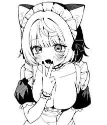  :d animal_ear_fluff animal_ears apron blush breasts cat_ears center_frills cleavage collarbone commentary_request dress female frilled_apron frills greyscale hair_intakes hand_up looking_at_viewer maid maid_headdress medium_breasts monochrome nail_polish noa-senpai_wa_tomodachi. puffy_short_sleeves puffy_sleeves saotome_noa seramikku short_sleeves simple_background smile solo v_over_mouth white_background wrist_cuffs 