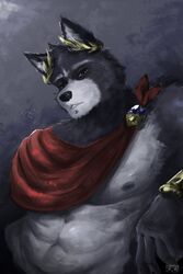  2024 2:3 abs absurd_res adastra adastra_(series) amicus_(adastra) anthro barazoku biped black_eyes canid canine canis cape clothing countershade_fur countershading crown detailed digital_media_(artwork) digital_painting_(artwork) echo_project facial_markings facial_piercing fur grey_body grey_fur head_markings headgear hi_res labret_piercing lip_piercing looking_at_viewer lumii male mammal markings muscular muscular_anthro muscular_male muzzle_(marking) nipples pecs piercing roman_clothing snout snout_markings solo standing white_body white_countershading white_fur wolf 