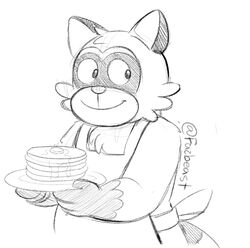  2024 4_fingers anthro apron biped clothing fazbeast fingers food mammal monochrome pancake procyonid raccoon rascal_(robot_dreams) robot_dreams simple_background smile solo 