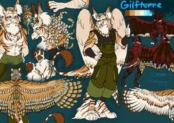  absurd_res anthro avian beak clothed clothing digital_media_(artwork) english_text fur gryphon hi_res male mythological_avian mythological_creature mythology open_mouth pawpads paws rinkamo signature simple_background smile solo stripes tail tail_tuft text tuft wings wolfennecus(world) 