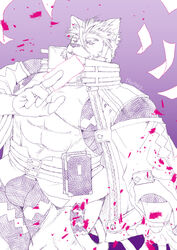  1boy abs animal_ears bara bulge card cat_boy cat_ears cowboy_shot embers floating_card furry furry_male high_collar highres holding holding_card large_pectorals live_a_hero looking_at_viewer male_focus monochrome muscular muscular_male pectorals purple_theme short_hair solo standing strongman_waist talisman thick_eyebrows thick_thighs thighs tko344g tsuneaki_(live_a_hero) 