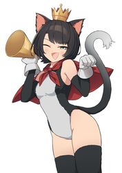  :d absurdres animal_ears black_hair black_thighhighs breasts cait_sith_(ff7) cait_sith_(ff7)_(cosplay) cape cat_ears cat_girl cat_tail commentary cosplay cowboy_shot crown elbow_gloves female final_fantasy final_fantasy_vii gloves green_eyes half-closed_eyes highres hololive kittenlochen leotard looking_at_viewer medium_breasts megaphone one_eye_closed oozora_subaru paw_pose red_cape short_hair simple_background smile solo symbol-only_commentary tail thighhighs virtual_youtuber white_background white_gloves 