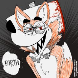  1:1 anthro birthday blood bodily_fluids canid canine digital_media_(artwork) fairfax fox hammer inkwell looking_at_viewer mammal narrowed_eyes open_mouth open_smile sharp_teeth smile solo squeakycanine teeth tools toony 