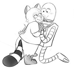  2024 4_fingers anthro biped blush clothing duo fazbeast fingers hand_holding hi_res machine mammal monochrome procyonid raccoon rascal_(robot_dreams) robot robot_(robot_dreams) robot_dreams shirt simple_background smile topwear 