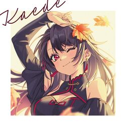  bare_shoulders black_dress black_hair blush border breasts character_name china_dress chinese_clothes cleavage cleavage_cutout closed_mouth clothing_cutout commission dress earrings falling_leaves female highres holding holding_leaf jewelry large_breasts leaf long_hair long_sleeves looking_at_viewer maple_leaf moya_(toatomoot) off-shoulder_dress off_shoulder one_eye_closed original parted_bangs portrait red_eyes sidelocks smile solo tassel tassel_earrings white_border 