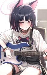  absurdres animal_ears bass_guitar black_collar black_hair black_jacket blue_archive blush cat_ears clothes_around_waist collar colored_inner_hair commentary_request extra_ears female halo highres instrument jacket jacket_around_waist kazusa_(band)_(blue_archive) kazusa_(blue_archive) kuromiz looking_at_viewer multicolored_hair music official_alternate_costume on_chair parted_lips pink_eyes pink_hair pink_halo playing_instrument pleated_skirt shirt short_sleeves simple_background sitting skirt solo thighs white_background white_shirt white_skirt wristband 