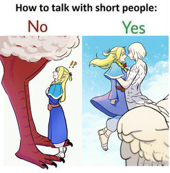  !? 2girls blue_robe blue_sky breast_press centauroid chimera claws cloud day dungeon_meshi elf falin_touden falin_touden_(chimera) feathers grey_hair hair_around_ear highres how_to_talk_to_short_people_(meme) lauren_phillips_lifting_alice_merchesi_(meme) lifting_person long_hair looking_up marcille_donato meme monster_girl multiple_girls outdoors pointy_ears radiantraptor robe sandals size_difference sky spoilers standing symmetrical_docking taur white_feathers yuri 