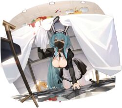  all_fours animal_ears apron aqua_hair azur_lane black_bow black_dress black_footwear black_ribbon blue_hair boise_(azur_lane) boise_(flawed_but_delectable)_(azur_lane) bow bowtie braid breasts byulzzi center_opening chair checkered_floor cleavage dress fake_animal_ears female food hair_ribbon high_heels highres holding indoors juliet_sleeves large_breasts long_hair long_sleeves looking_at_viewer maid maid_apron maid_headdress manjuu_(azur_lane) mask mouth_mask non-web_source official_alternate_costume official_art omelet omurice pantyhose puffy_sleeves rabbit_ears ribbon single_braid table tablecloth under_the_table very_long_hair white_bow white_bowtie white_pantyhose yellow_eyes 