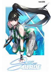  black_hair blunt_bangs bodysuit breasts brown_eyes company_connection eve_(stellar_blade) female full_body fune_(fune93ojj) goddess_of_victory:_nikke green_bodysuit highres holding holding_sword holding_weapon long_hair medium_breasts multicolored_bodysuit multicolored_clothes planet_diving_suit_(7th)_(stellar_blade) ponytail silver_bodysuit skin_tight sleeveless sleeveless_bodysuit solo squatting stellar_blade sword tight_clothes very_long_hair weapon 