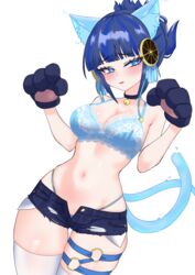  absurdres animal_ears animal_hands bell blue_eyes blue_hair blush bra breasts cat_ears cat_tail denim denim_shorts duel_monster female gloves highres midriff navel neck_bell ni-ni_the_mirror_mikanko oldsickkim paw_gloves short_hair shorts solo tail thigh_strap underwear yu-gi-oh! 