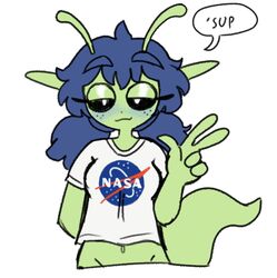  alien antennae_(anatomy) anthro black_sclera blue_blush blue_hair blue_insides blue_nipples blush breasts clothing female gesture green_body hair hand_gesture hi_res long_hair looking_at_viewer nasa navel nipples popstick pupils sammy_(popstick) shirt simple_background solo talking_to_viewer topwear v_sign white_background white_pupils 