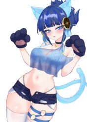  absurdres animal_ears animal_hands bell bikini bikini_under_clothes blue_eyes blue_hair breasts cat_ears cat_tail crop_top denim denim_shorts duel_monster female gloves highres midriff navel neck_bell ni-ni_the_mirror_mikanko oldsickkim paw_gloves see-through see-through_shirt shirt short_hair shorts solo swimsuit tail thigh_strap yu-gi-oh! 