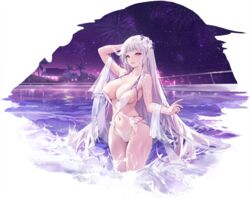  arm_up armpits azur_lane breasts charles_(106858) cleavage female fireworks flower grey_hair hair_flower hair_ornament highres large_breasts long_hair looking_at_viewer navel night night_sky non-web_source official_alternate_costume official_art one-piece_swimsuit parted_lips pool purple_eyes skindentation sky smile solo standing swimsuit transparent_background very_long_hair wading water wet white_one-piece_swimsuit yorck_(azur_lane) yorck_(late-night_companion)_(azur_lane) 