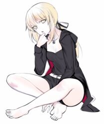  artoria_pendragon_(fate) barefoot belt black_camisole black_hoodie black_ribbon black_shorts blonde_hair breasts camisole cleavage commentary_request crossed_legs fate/grand_order fate_(series) feet female full_body hair_ribbon hand_on_own_chin head_tilt highres hood hoodie jewelry long_hair long_sleeves looking_at_viewer medium_bangs necklace open_hood open_mouth pale_skin ribbon saber_alter saber_alter_(ver._shinjuku_1999)_(fate) shorts simple_background sitting small_breasts soles solo toes tugmix v-shaped_eyebrows white_background white_belt yellow_eyes 