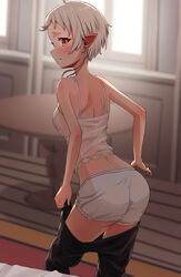  absurdres ars_rg0412 black_pants blush camisole dressing elf female frilled_shorts frills grey_hair highres indoors mushoku_tensei pants pointy_ears red_eyes short_hair shorts solo sylphiette_(mushoku_tensei) table underwear white_camisole white_shorts 