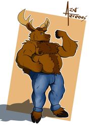  aereous anthro antlers belly belly_fur big_belly body_hair bottomwear brown_body brown_fur chest_fur clothing deer denim denim_bottomwear denim_clothing flexing flexing_biceps flexing_muscles fur happy_trail hi_res hooves horn jeans male mammal merrick_(denverthedragon) moose musclegut muscular new_world_deer nipples pants simple_background smile smiling_at_viewer smirk smirking_at_viewer solo 