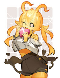  baniran_dorosu black_sclera black_shorts blonde_hair candy chocolate colored_sclera colored_skin cowboy_shot crop_top crossed_bangs female food heart heart-shaped_chocolate highres holding holding_chocolate holding_food horns long_hair midriff monster_girl off-shoulder_shirt off_shoulder one_eye_closed open_mouth orange_skin original personification ringed_eyes shirt shorts solo sunny_(baniran_dorosu) teeth twintails upper_teeth_only white_shirt yellow_eyes 