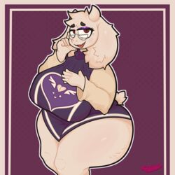  1:1 absurd_res anthro big_breasts blush boss_monster_(undertale) bovid breasts caprine catboyz clothed clothing digital_media_(artwork) eyewear female fur glasses goat hi_res horn huge_breasts looking_at_viewer mammal mature_anthro mature_female open_mouth simple_background smile solo tail thick_thighs toriel undertale undertale_(series) white_body white_fur 