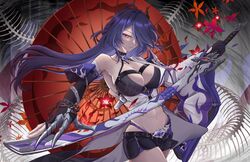  acheron_(honkai:_star_rail) armor bandaged_arm bandages belt black_belt black_choker black_gloves black_shorts breasts chain_around_arm chains choker cleavage coat coattails commentary cowboy_shot detached_sleeves english_commentary female flower gloves hair_ornament hair_over_one_eye highres holding holding_sword holding_weapon honkai:_star_rail honkai_(series) katana large_breasts laubun long_hair looking_at_viewer midriff multicolored_hair navel oil-paper_umbrella purple_eyes purple_hair red_flower scabbard sheath sheathed shorts shoulder_armor single_bare_shoulder solo streaked_hair sword thighs umbrella very_long_hair weapon white_coat 