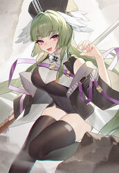  absurdres arknights bare_shoulders bird_girl black_hat black_romper black_thighhighs blunt_bangs blush breasts chinese_commentary chromatic_aberration commentary_request covered_navel darling0221 feather_hair feathers female green_hair hat hat_feather head_wings highres holding id_card jacket long_hair looking_at_viewer medium_breasts poncirus_(arknights) purple_eyes shirt sidelocks skindentation sleeveless sleeveless_shirt solo thighhighs thighs white_feathers wings 