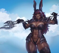  akira_raikou animal_ears breasts bunny_ears dark-skinned_female female final_fantasy_xiv looking_at_viewer monster_girl muscular_female rabbit_ears tagme viera weapon 