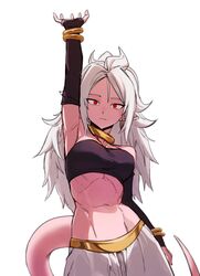  1girls android_21 arabian_clothes athletic athletic_female belly_button dragon_ball dragon_ball_fighterz dragon_ball_z hand_up harem_outfit incoming_attack jewelry looking_at_viewer majin_android_21 medium_breasts navel pointy_ears red_eyes solo solo_female spiked_hair spiky_hair tail white_hair zquung 