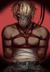  blonde_hair bondage brat chickeninpaper clothed derek_goffard leash leash_pull male muzzle_(object) muzzled no_visible_genitalia pet_play petplay red_rope solo_male suggestive the_price_of_flesh 