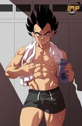  abs against_locker biceps big_bulge big_chest big_pecs bulge bulging_biceps dragon_ball dragon_ball_z huge_bulge huge_chest huge_pecs impchan leaning_against_locker locker_room looking_at_viewer male male_only muscles muscular muscular_male pecs post_workout short_shorts smooth_chest smooth_skin solo solo_male sweaty thick_thighs towel vegeta 