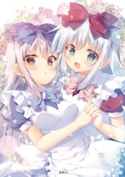  2girls :d airi_(alice_or_alice) alice_or_alice apron artist_name blue_bow blue_neckwear blue_shirt blue_skirt blush bow bowtie brown_eyes dress_shirt green_eyes hair_between_eyes hairbow highres holding_hands interlocked_fingers long_hair mitsumomo_mamu multiple_girls open_mouth parted_lips pink_bow pink_bowtie red_bow red_shirt rise_(alice_or_alice) shirt short_sleeves silver_hair skirt smile white_apron 