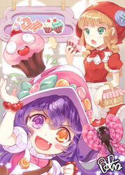  &gt;_&lt; 2girls alternate_costume annie_(league_of_legends) bittersweet_lulu blonde_hair blush_stickers bracelet candy candy_cane closed_eyes commentary_request cupcake dakun eating food food_bite green_eyes hat heterochromia jewelry league_of_legends little_red_riding_hood little_red_riding_hood_(grimm) looking_at_viewer lulu_(league_of_legends) multiple_girls oerba_yun_fang open_mouth orange_eyes photoshop_(medium) pix_(league_of_legends) purple_eyes purple_hair twintails wings witch_hat yordle 