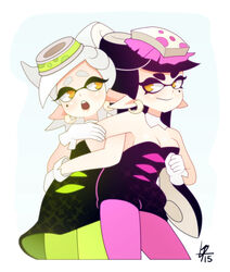  2girls black_hair breasts callie_(splatoon) cleavage commentary_request cousins detached_collar dress earrings fangs food food_on_head gloves green_legwear green_pantyhose inkling jewelry long_hair louis_lloyd-judson marie_(splatoon) mole mole_under_eye multiple_girls object_on_head open_mouth pantyhose pointy_ears purple_legwear short_hair short_jumpsuit small_breasts splatoon_(series) splatoon_1 sushi tentacle_hair white_gloves white_hair 