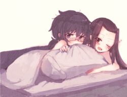  2girls 32_(rt_32_bbk) blush futon girls_und_panzer glasses imageboard_desourced long_hair multiple_girls non-web_source oryou_(girls_und_panzer) pillow pillow_bite saemonza_(girls_und_panzer) short_hair under_covers yuri 