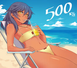  bandeau beach_chair bikini black_hair breasts chinatsu_(kuroonehalf) cleavage commentary dark-skinned_female dark_skin drink drinking_straw female jewelry kuroonehalf large_breasts long_hair looking_at_viewer milestone_celebration navel necklace original outdoors reclining sitting solo strapless swimsuit yellow_eyes 