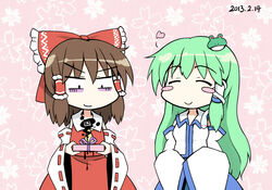  2girls ^_^ bad_food bare_shoulders blush_stickers brown_hair closed_eyes commentary_request detached_sleeves evil_smile flan_(zhd91) floral_background frog_hair_ornament gift green_hair hair_ornament hair_ribbon hair_tubes hakurei_reimu heart holding holding_gift kochiya_sanae long_sleeves multiple_girls ribbon ribbon-trimmed_sleeves ribbon_trim shaded_face simple_background sleeves_past_wrists smile snake_hair_ornament touhou upper_body vest yuri 