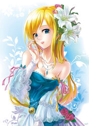  bare_shoulders blonde_hair blue_eyes breasts cleavage collarbone commentary_request dress earrings female flower hair_flower hair_ornament highres jewelry lips long_hair medium_breasts necklace original photoshop_(medium) ribbon smile solo wolksheep 